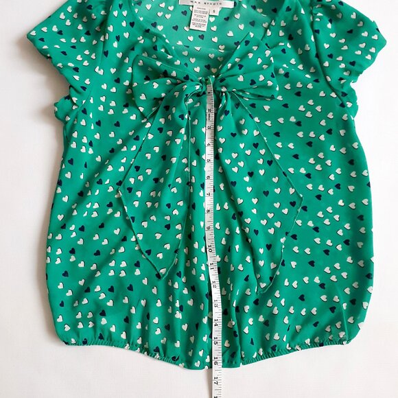 MAX STUDIO Puffy Sleeve Blouse with Bow Detail in Teal Green with Heart Print - Picture 13 of 15